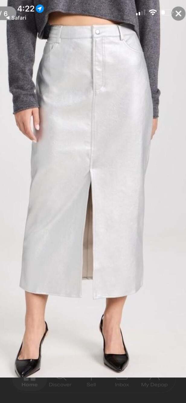 WAYF Metallic Silver Faux Leather 5-Pocket Midi Skirt with Front Slit